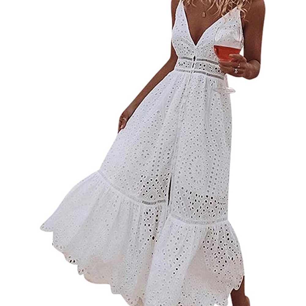 Flattering white eyelet dress with pearl buttons